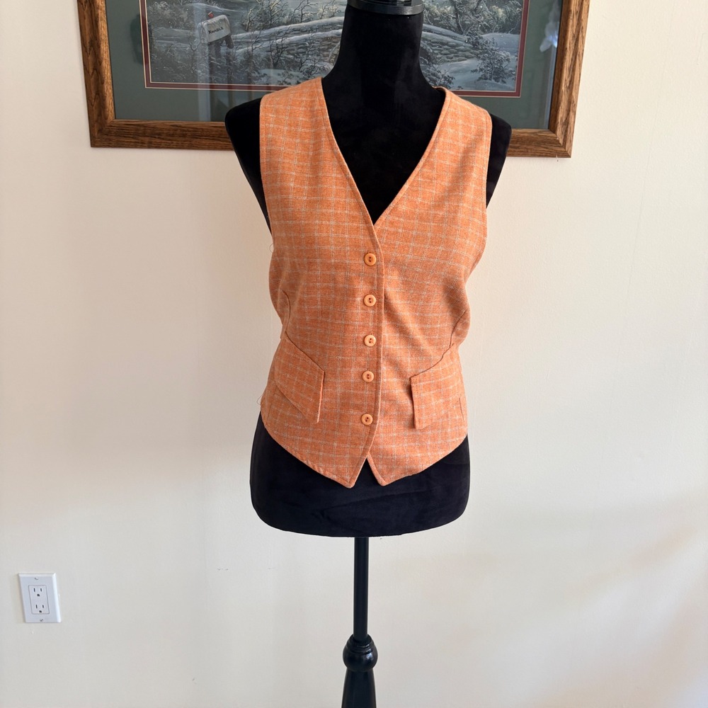 Unbranded Plaid Waistcoat Vest Womens Small Orange Grid Tailored Academia Suit
